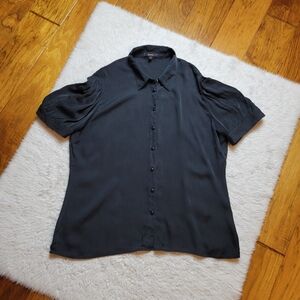 Quince Washable Stretch Silk Short Sleeve Blouse Button Up Women's Large Black